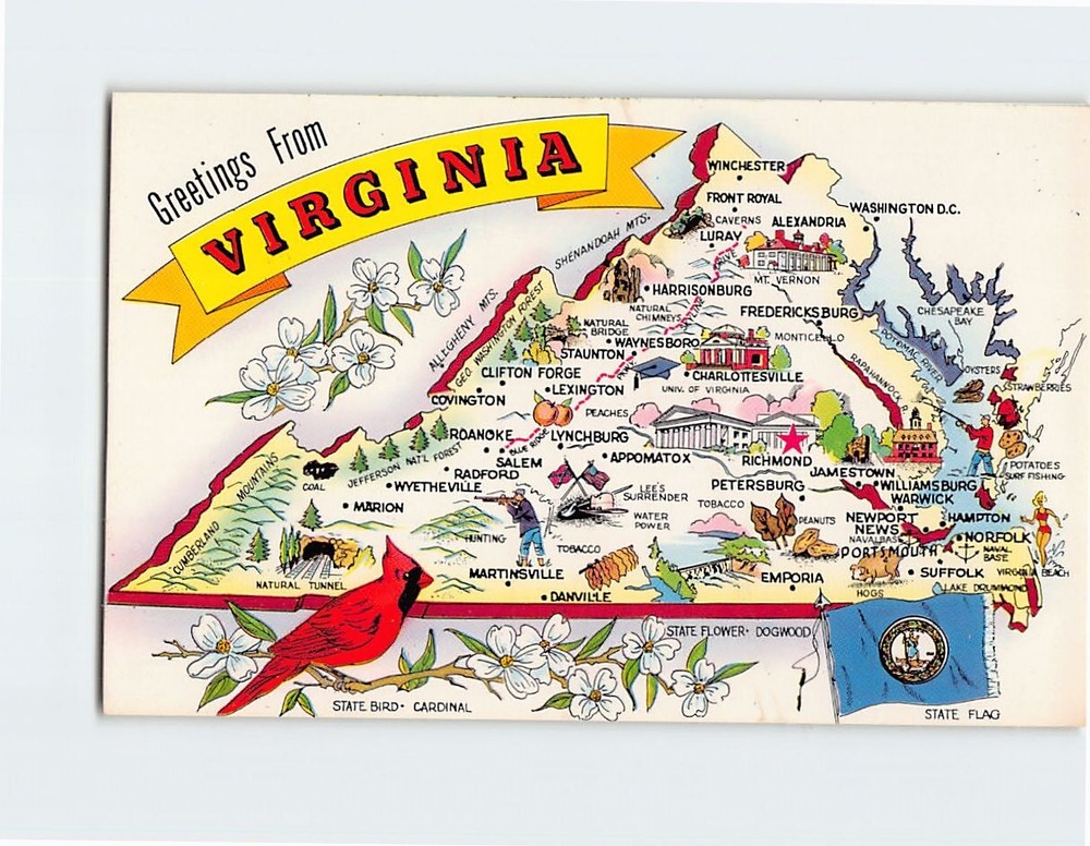 Postcard Virginia Map Greetings from Virginia USA