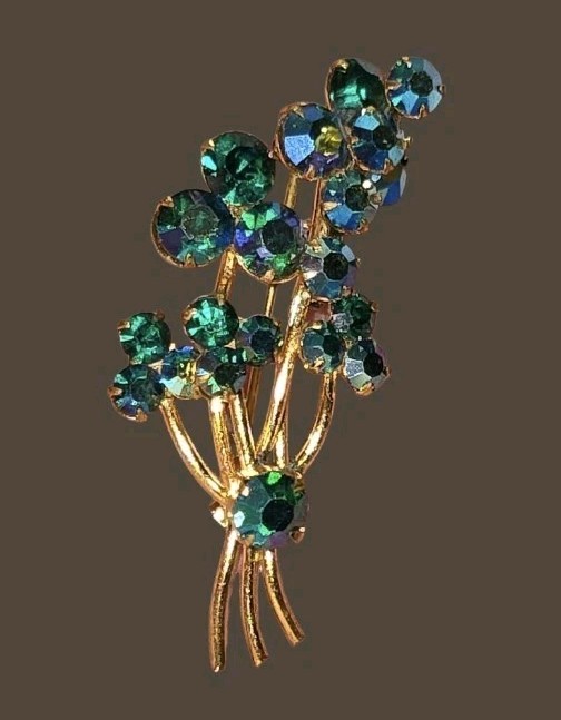 Vintage Austria  Borealis Tone Blue Green Flower Rhinestone Brooch