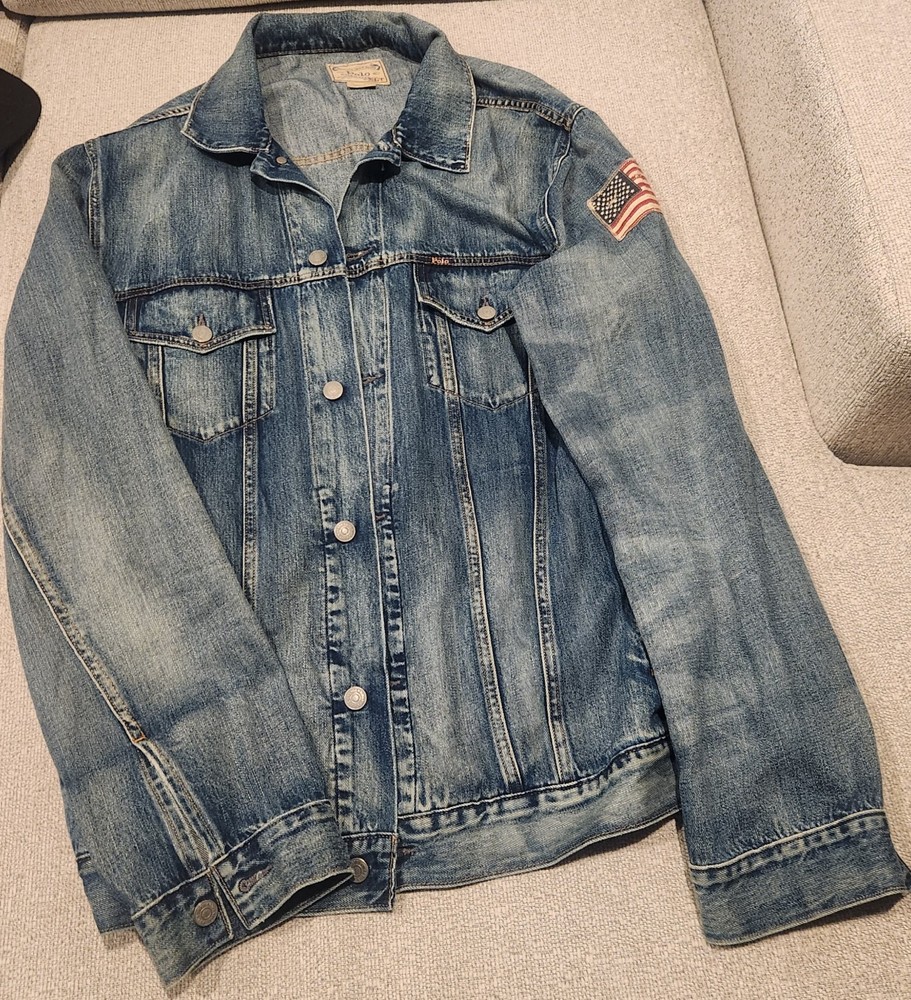 Distressed Polo Ralph Lauren denim jacket with American flag patch XL