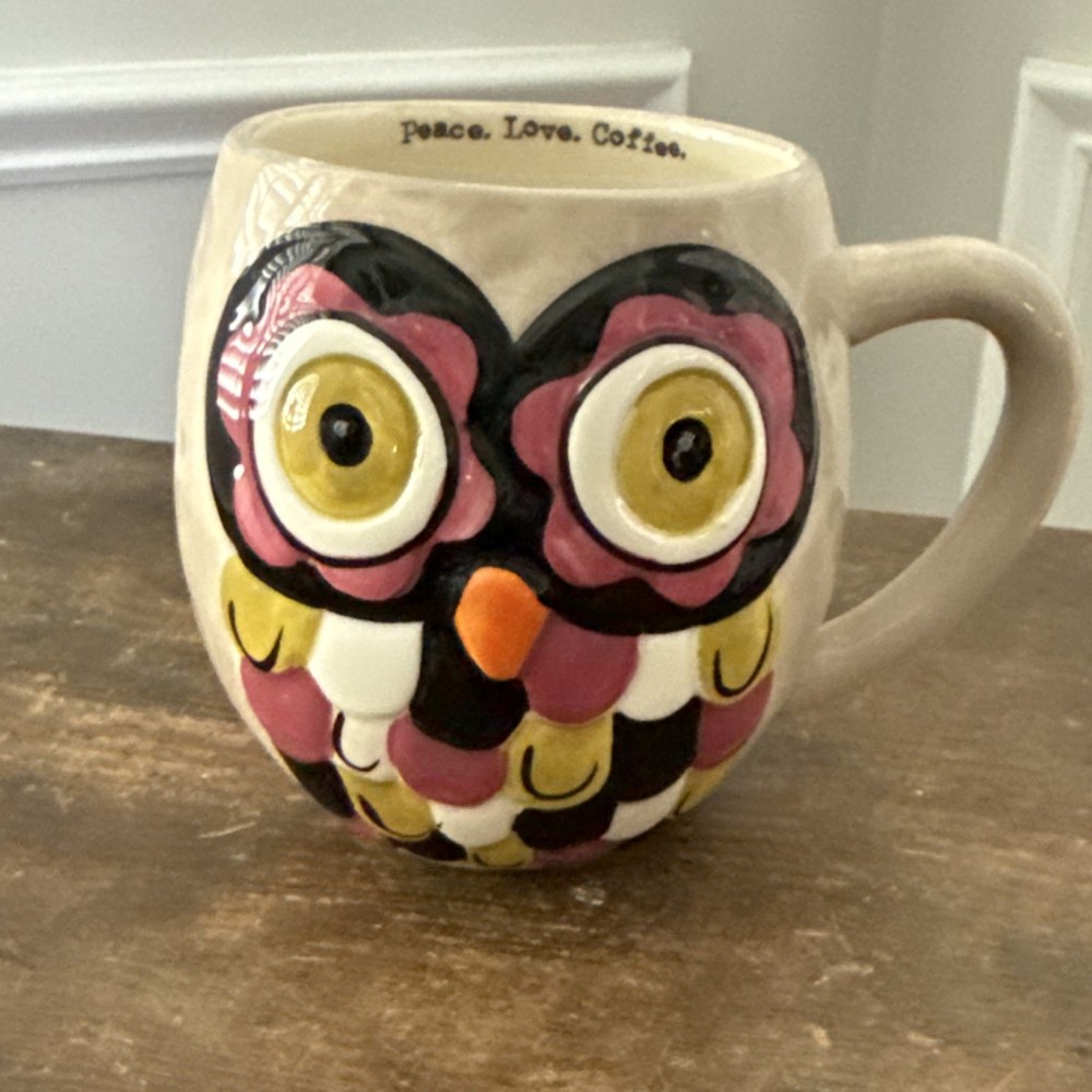 Natural Life Owl Embossed Figural Ceramic Mug “Peace. Love. Coffee.” Used