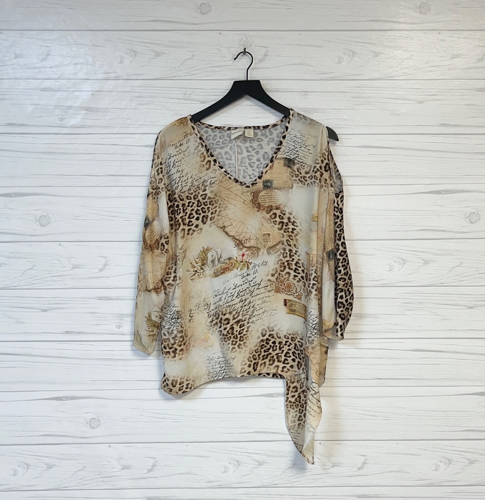 Chicos top womens size 2 long sleeve blouse animal print stretch beige
