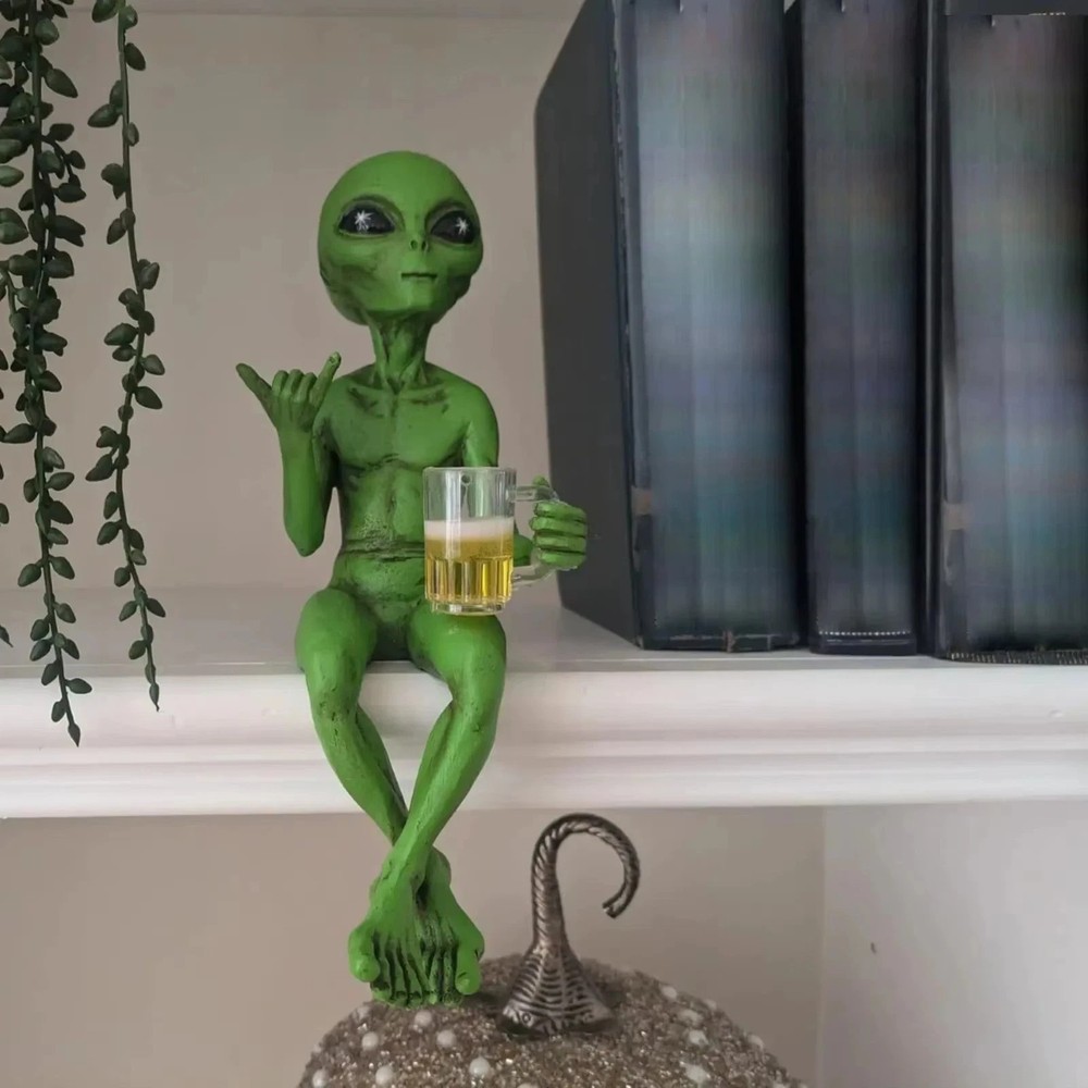 Alien Statue Drinking Beer Resin Sculpture Funny Desktop Decor Gift