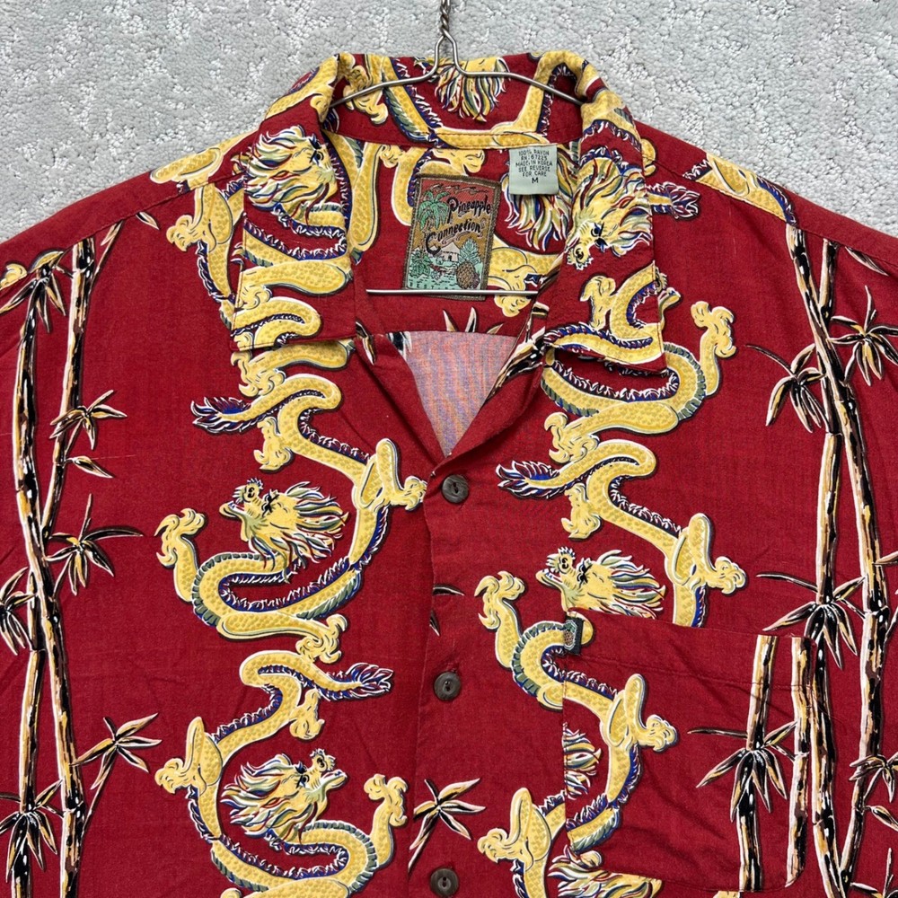 VINTAGE Pineapple Connection Hawaiian Shirt Mens M Red Dragon Bamboo Rayon Aloha