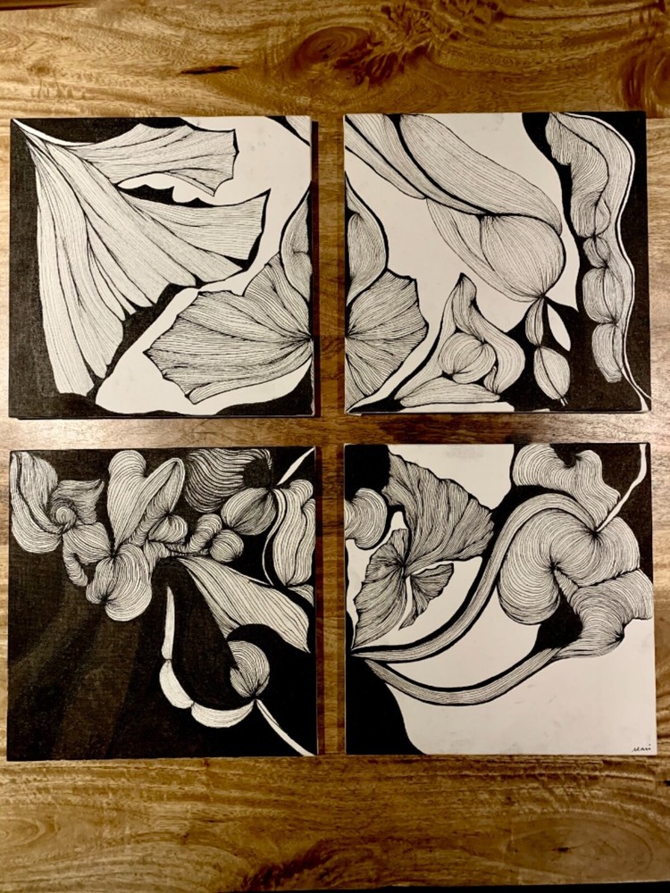 Abstract black and white ink art polyptych line drawing on canvas-image