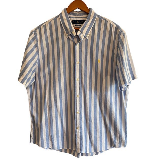 Polo Ralph Lauren Shirt Mens XL Blue White Striped Cotton Poplin SS Button Down