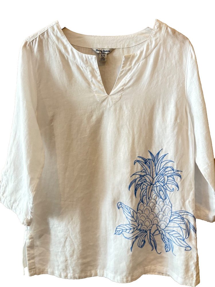 Tommy Bahama White Palm Tree Linen Embroidered Tunic Shirt Women Size Medium