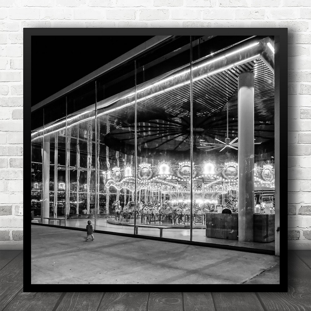 Dreams Carousel Black And White Night Square Wall Art Print