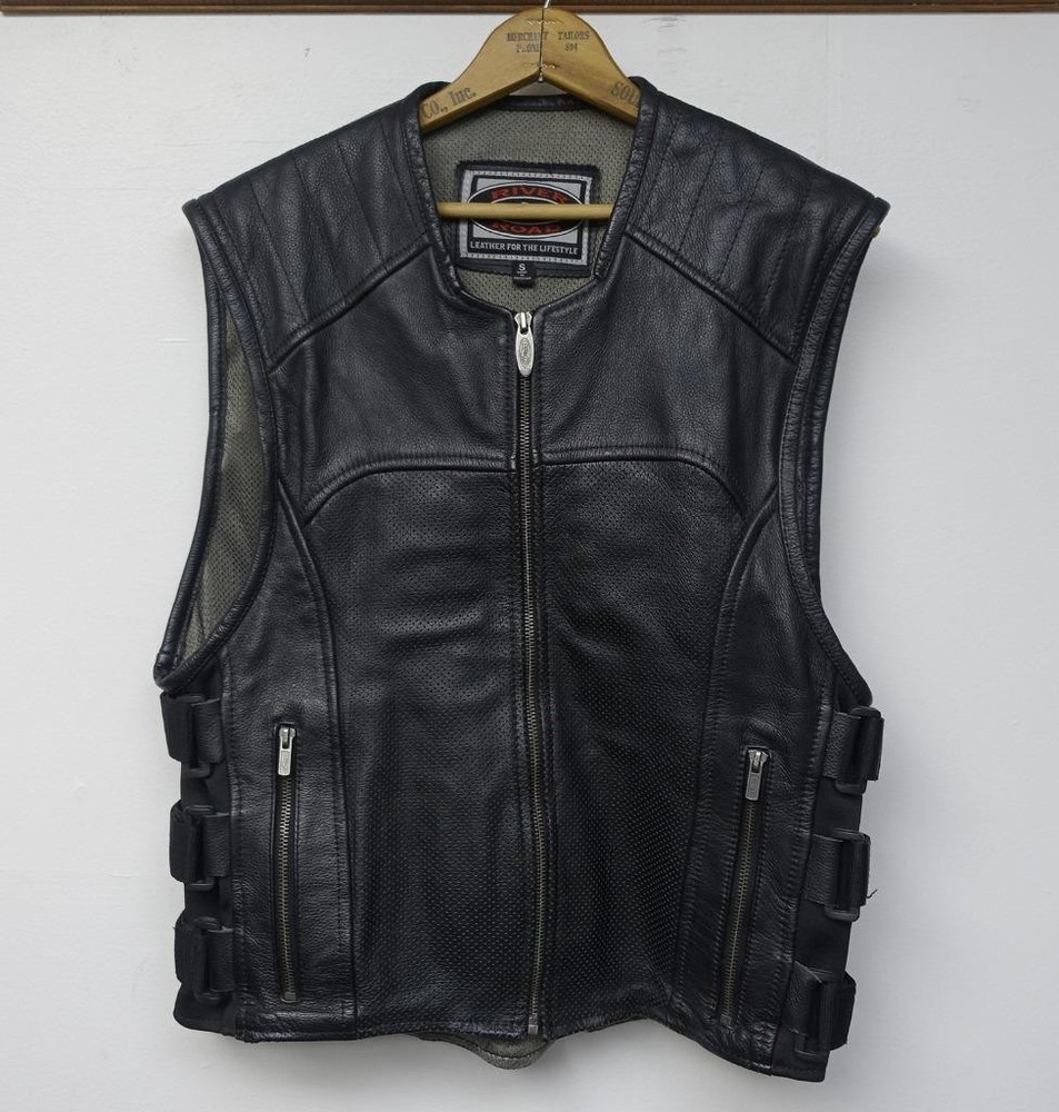 River Road Men's Sz S Black Perforated Leather Zipper Biker Motorcycle Vest