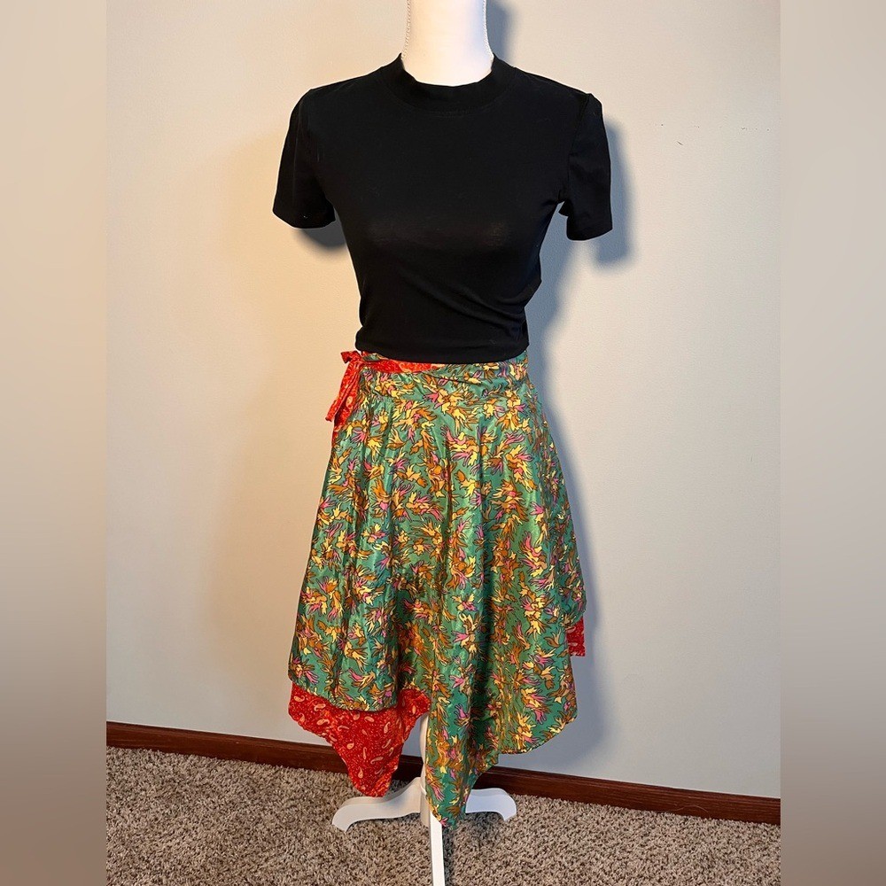 100% Silk Asymmetrical wrap Floral Skirt in Green and Red, made in India