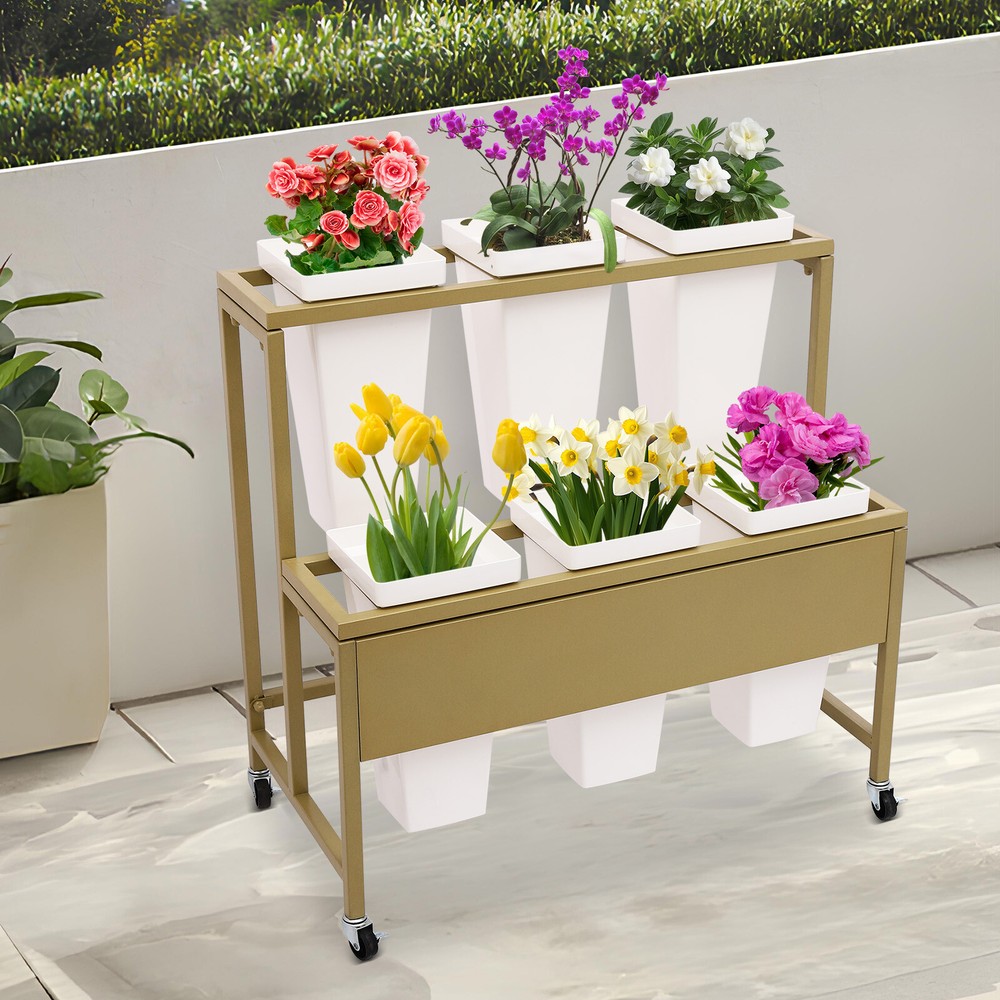 Flower Display Stand with 6 Buckets 2-tier Flower Metal Display Stand w/ Wheels