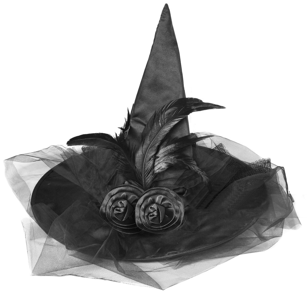 Halloween Witch Hat for Women - Black Witch Hat with Feathers and Black Lace