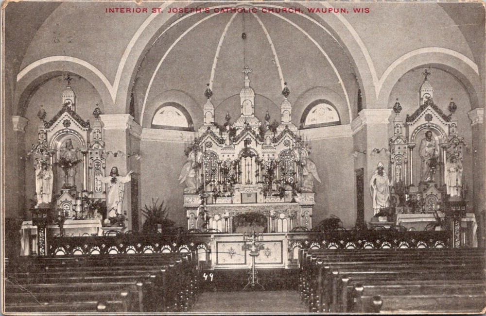 Waupun Wisconsin Interior View St. Joseph's Catholic Church 1908 Postcard  27135