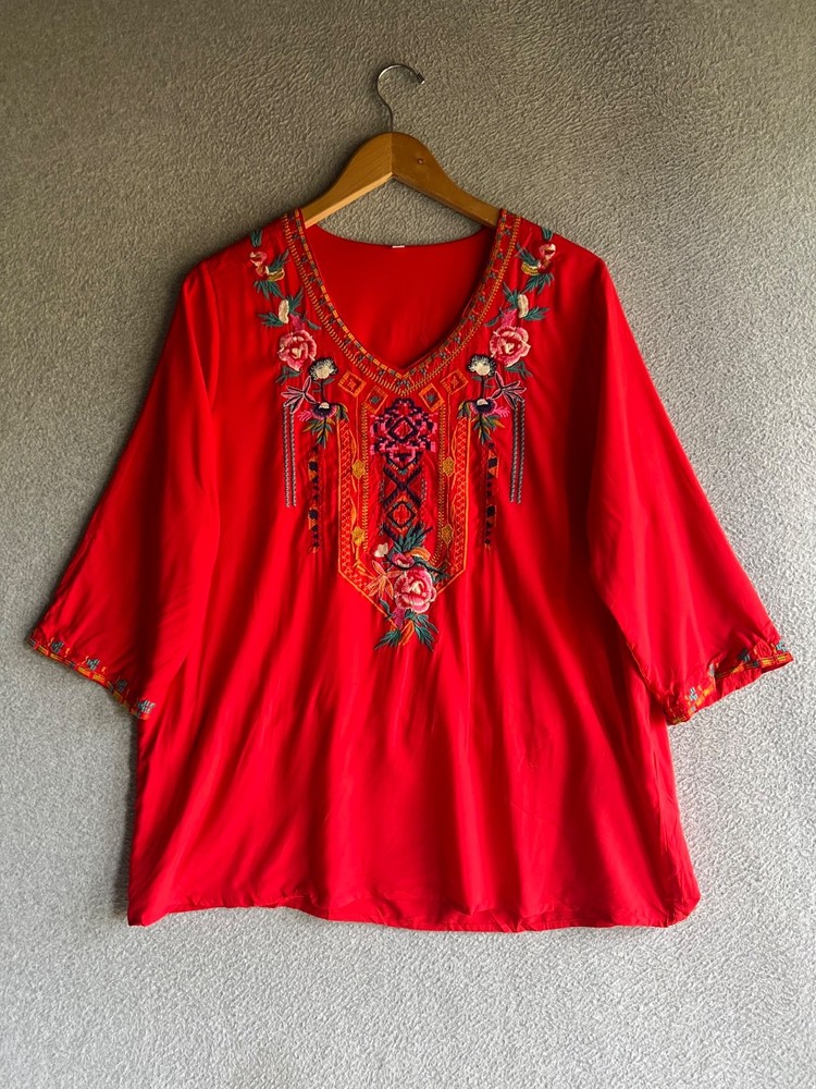 Mexican Boho Blouse Womens Large Floral Embroidered Peasant Top Hippie Style