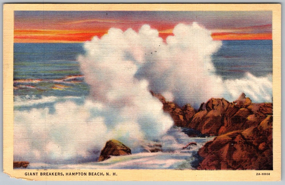 Vtg Linen Postcard Giant Breakers Ocean Waves Hampton Beach, NH 1940s