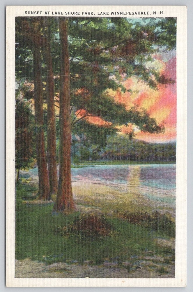 Vintage Tichnor Linen Postcard Sunset Lake Shore Park Winnipesaukee NH
