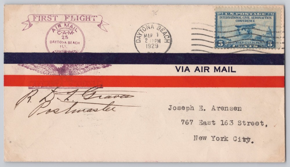 Daytona Beach, FL First Flight CAM-25 Via Air Mail cover, 1929