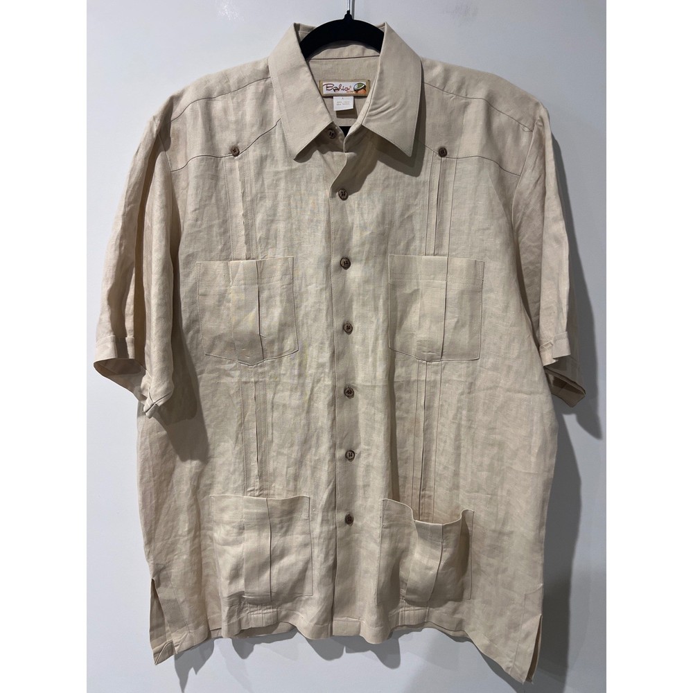 Bahia by JMP Mens 100% Linen Guayabera Shirt Beige Short Sleeve Four Pocket L