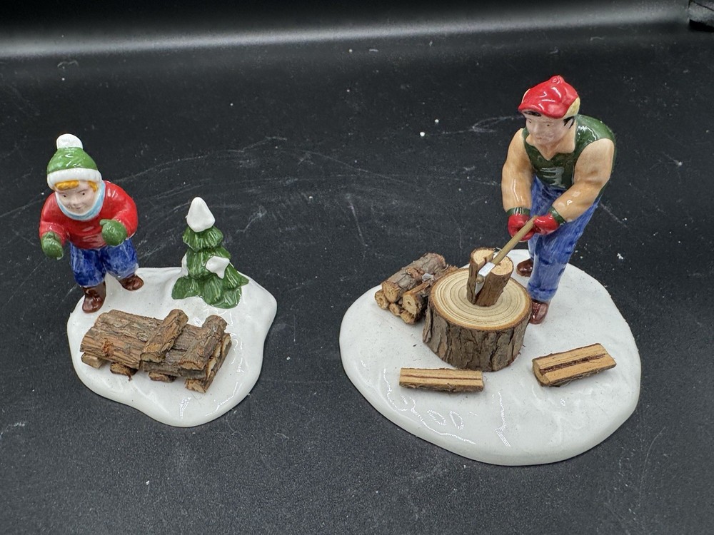 DEPT 56 SNOW VILLAGE - CHOPPING FIREWOOD 54863 - 2 FIGURES with ORIGINAL BOX
