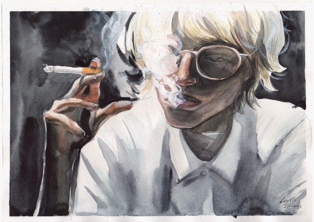 Original Watercolor Painting Blonde Smoking Man Portrait Grunge Wall Art