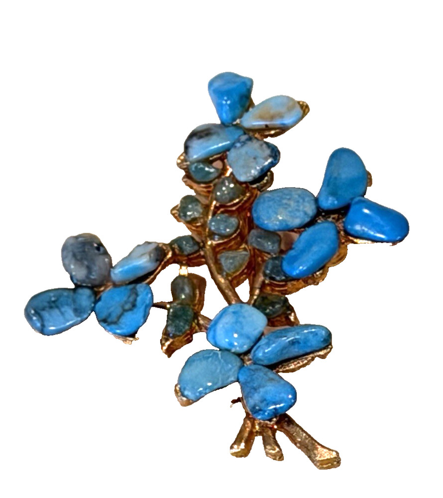 Swoboda Style Turquoise Blue Goldtone Floral Bouquet Brooch Pin Flowers Petals
