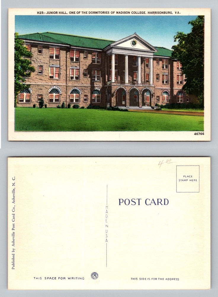 Harrisonburg, VA-Virginia Madison College Junior Hall Dormitory Vintage Postcard