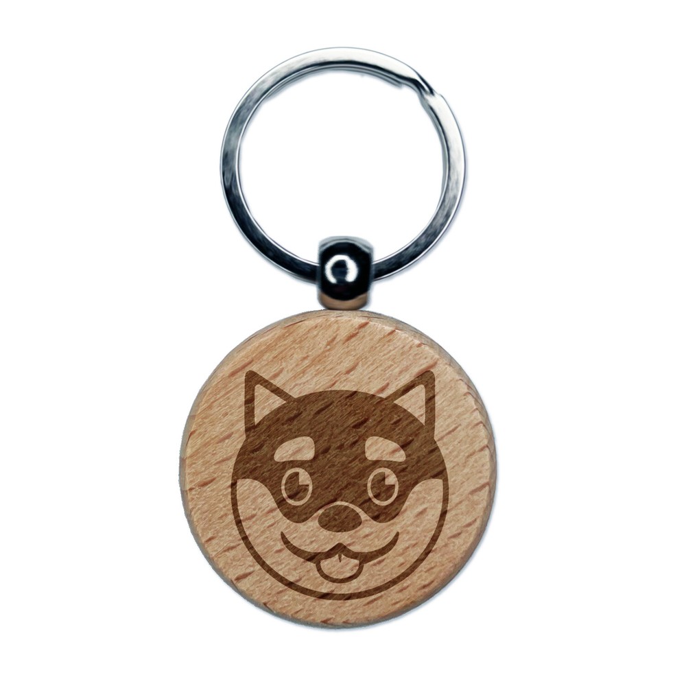 Husky Dog Face Happy Engraved Wood Round Keychain Tag Charm