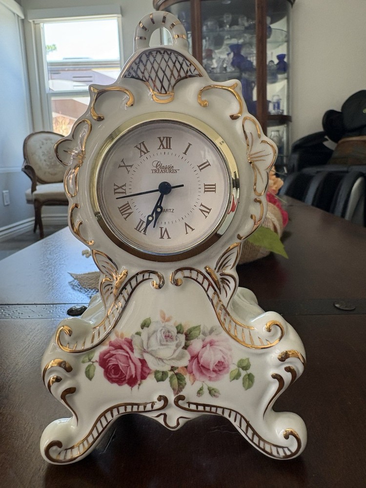 Classic Treasures Floral Ceramic Desk Clock Quartz Battery Roman Numerals White