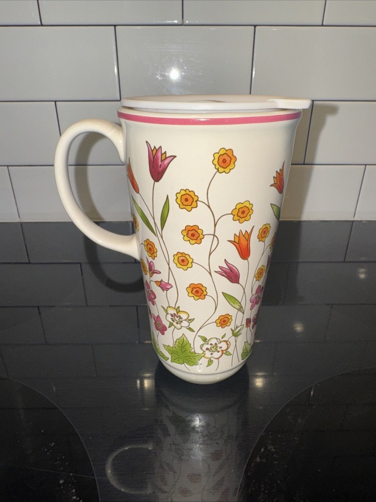 Longaberger Pottery Travel Mug Ceramic & Porcelain Painted Floral With Lid Large