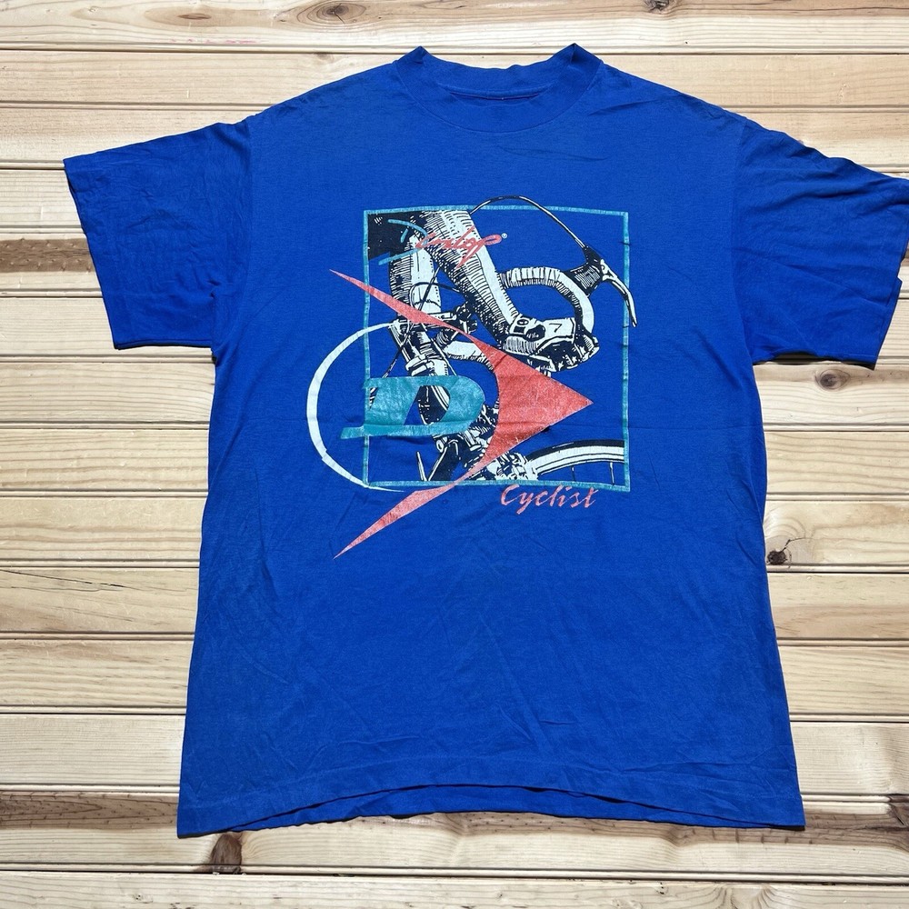 Vintage 80s Dunlop Cyclist Bicycle Art Road Race Tires Promo Shirt Size Large
