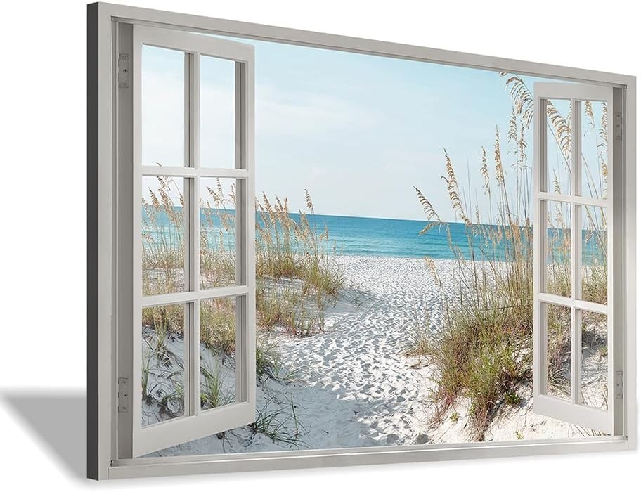 Fake Window Beach Canvas Art Ocean View Coastal Seascape Wall Decor