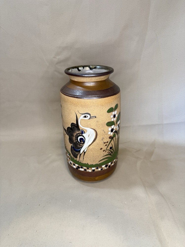Signed Vintage Hand Painted Pottery Bird Vase Studio Art 10”
