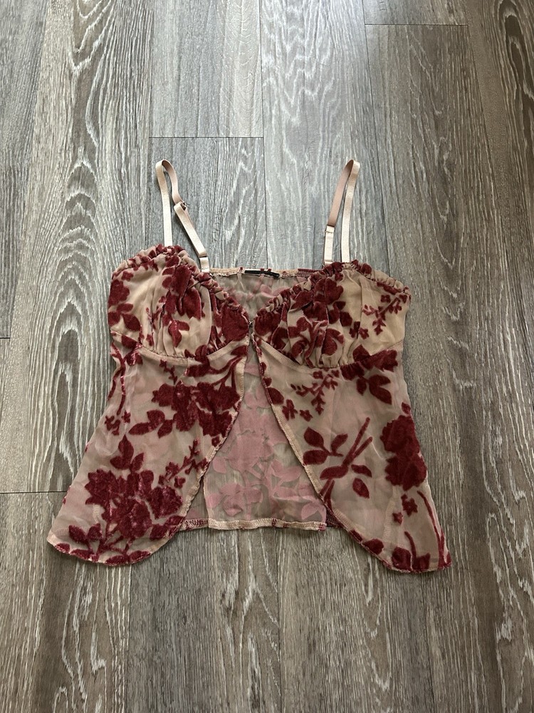 Red Velvet Floral Bustier Sheer Top Sz S Whimsy Goth Fairy Boho