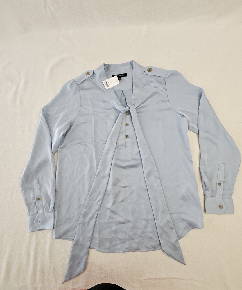 NWT Banana Republic Bow Tie Neck Shirt Blouse Long Sleeves Gray Women's Size S