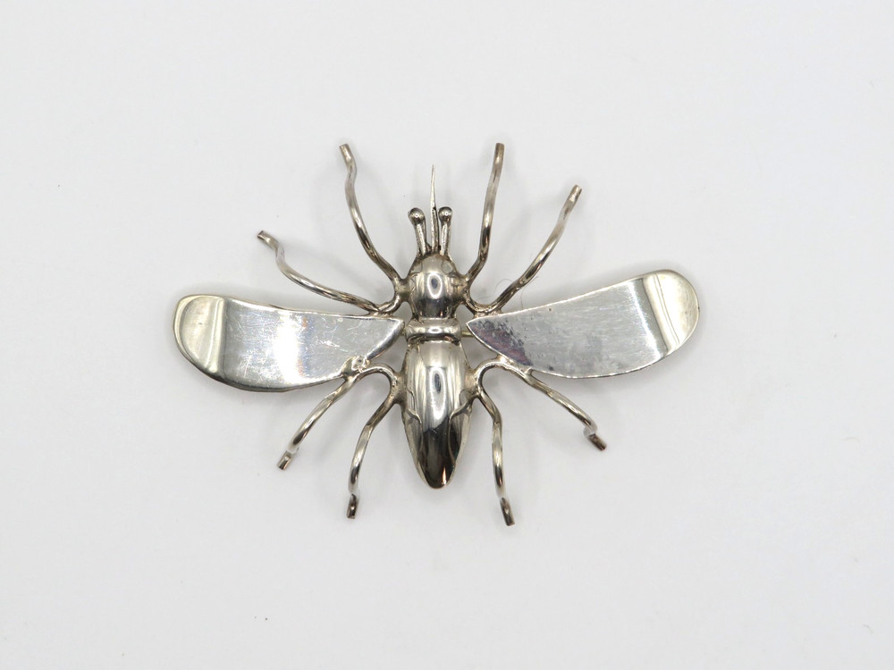 Vintage Mexican Sterling Silver Large Winged Insect Brooch Modernist 925 Pin