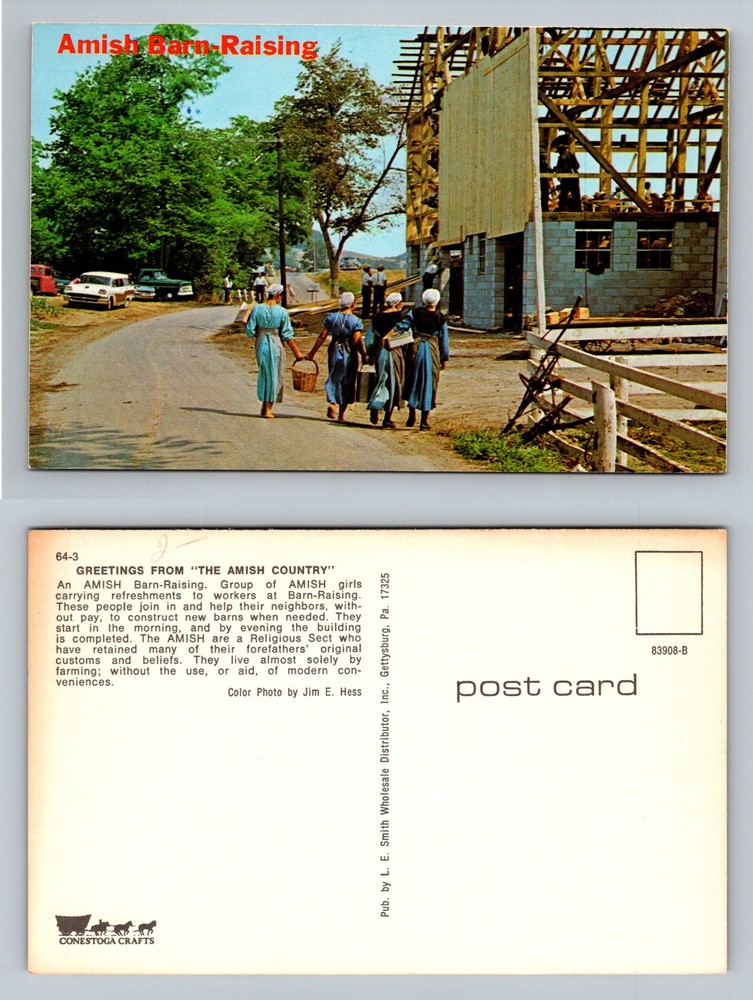 Lancaster County, PA-Pennsylvania, Amish Barn-Raising Girls Vintage Postcard