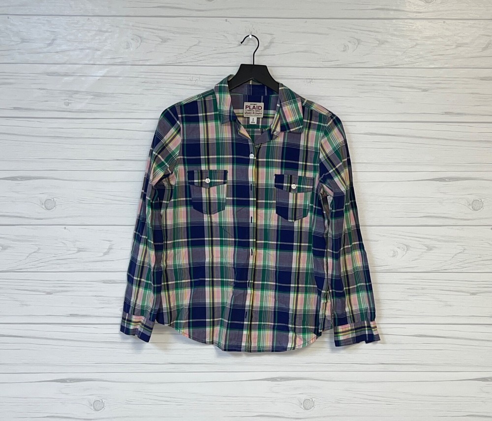Old Navy plaid shirt womens size medium button up long sleeve blue