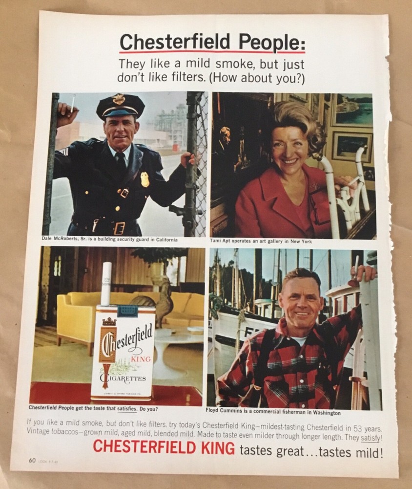 Chesterfield King cigarettes print ad 1965 orignl vintage retro 60s art Tami Apt