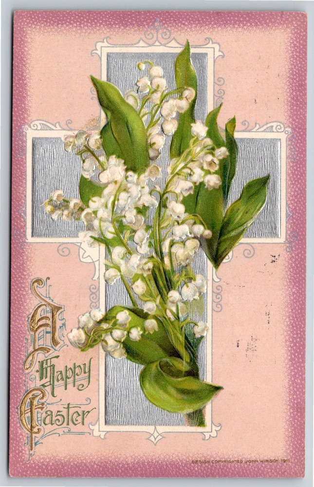 Winsch~A Happy Easter~Lily Flowers In Cross Frame~Postmarked~Emb~Vtg Postcard