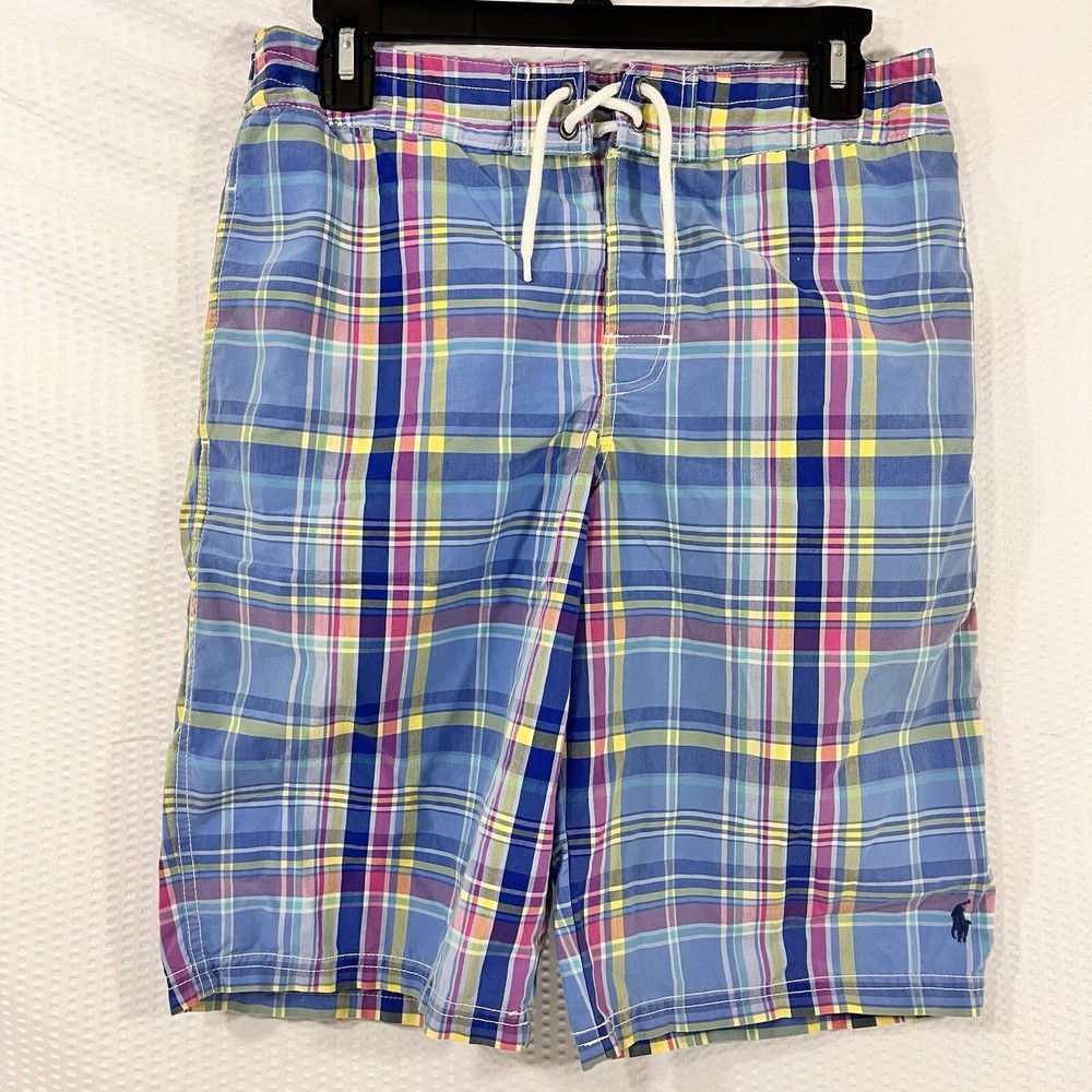 POLO RALPH LAUREN Boys Blue Pink Plaid Logo Board Shorts Lined Youth XL 18-20