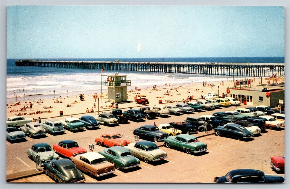 Pier & Beach Lifeguard Station Parked Cars Oceanside CA C1950s Postcard AC7