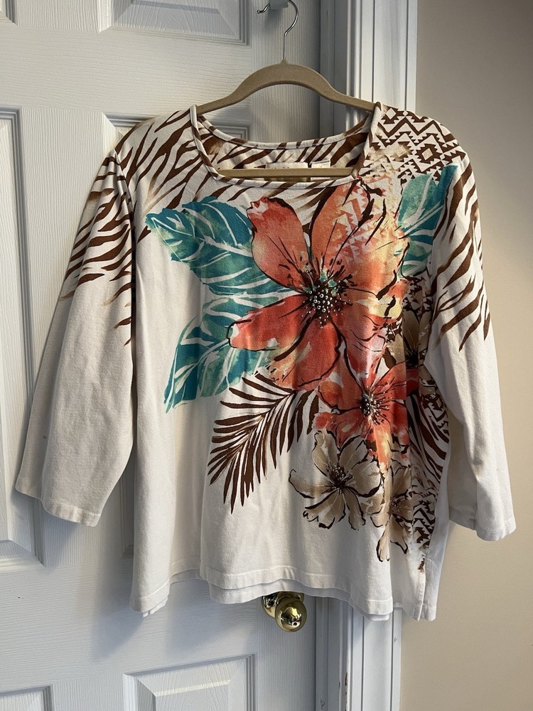 3/4 SLEEVE SHIRT - Alfred Dunner - Cream/Brown Tropical Floral - Knit - 1X