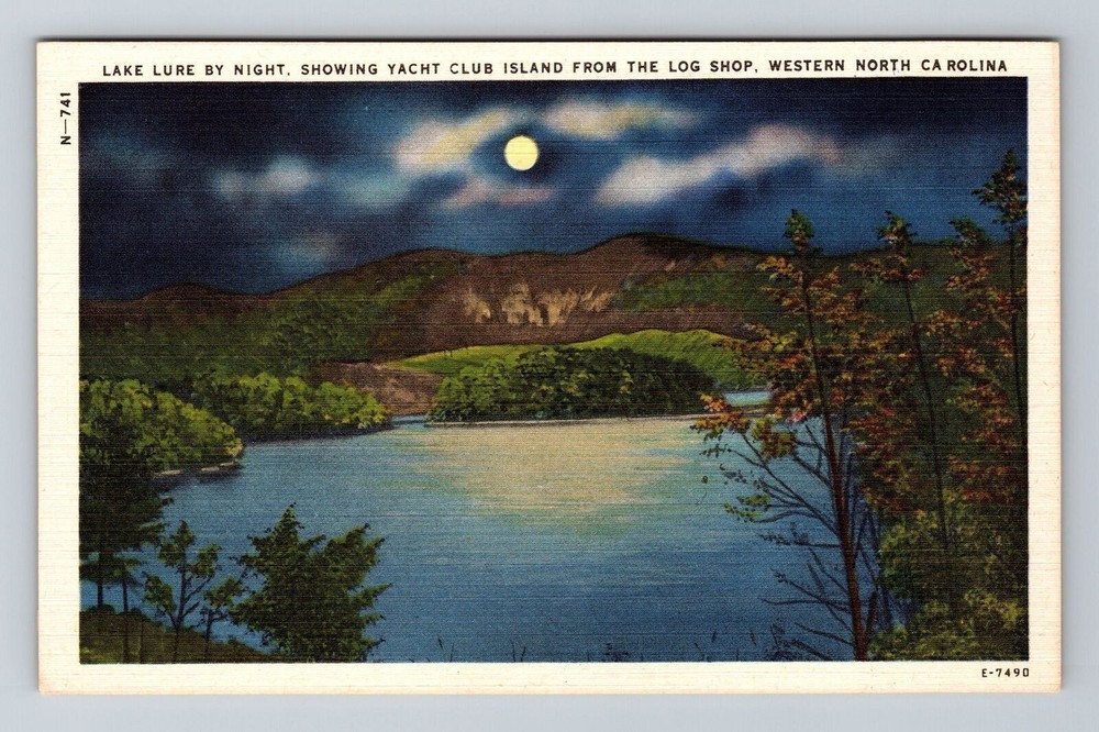 Western NC-North Carolina Lake Lure By Night Yacht Club Island Vintage Postcard