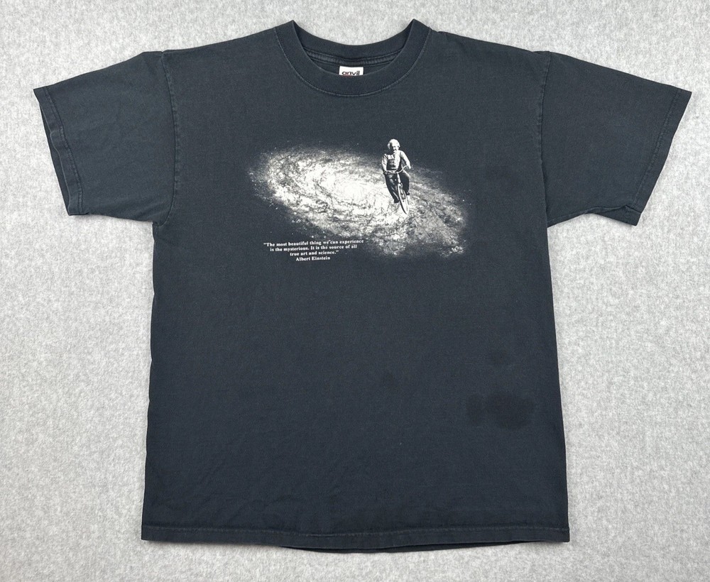 Vintage Anvil Mens Large Black T Shirt Albert Einstein Graphic Print Quote Y2K