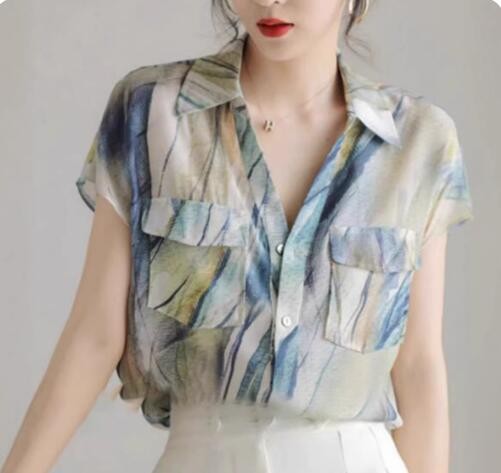 Summer Women's Floal Printed Faux Silk Lapel Short-Sleeved Fashion Shirt Summer