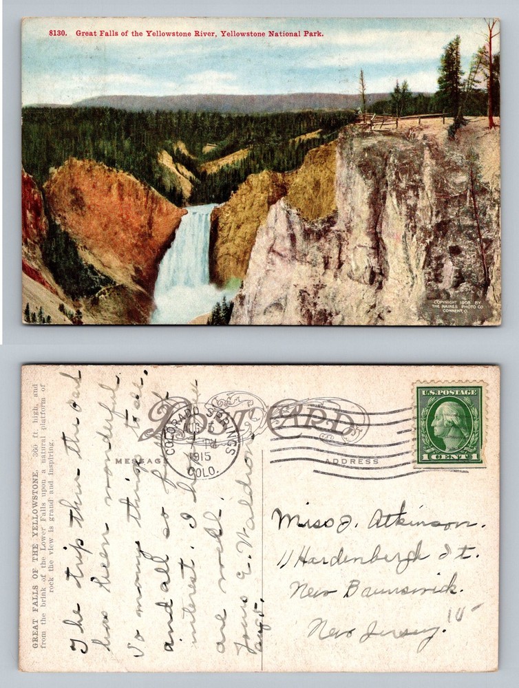 Yellowstone National Park, WY-Wyoming, Great Falls River Vintage c1915 Postcard