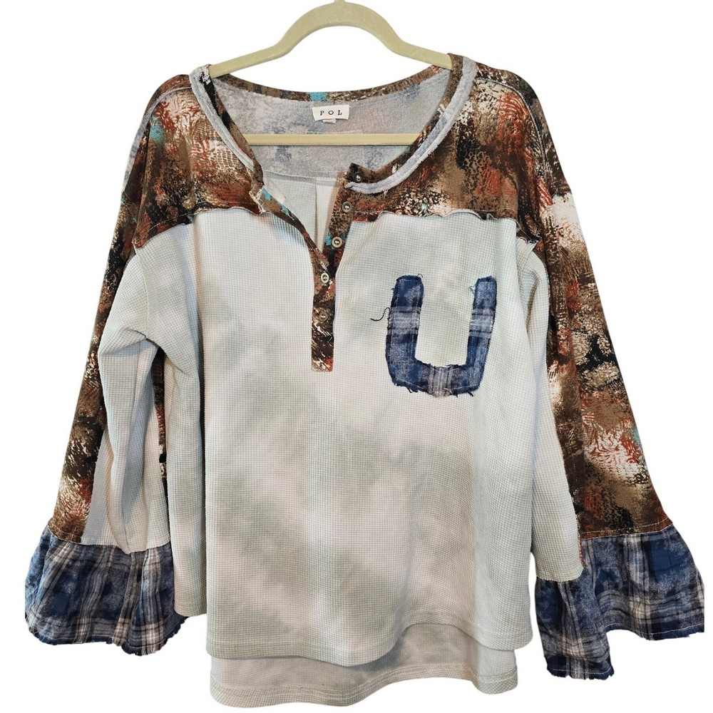 POL Clothing Mixed Media Waffle Knit Thermal Henley Top Boho Bell Sleeve Plaid