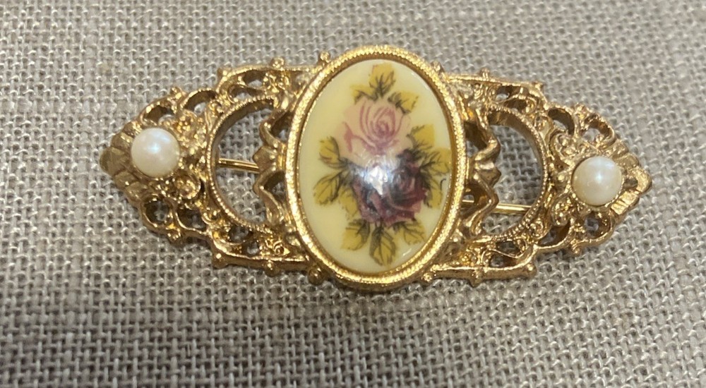1928 Brand Rose Faux Pearl Filigree Style Bar Brooch Pin Gold Tone