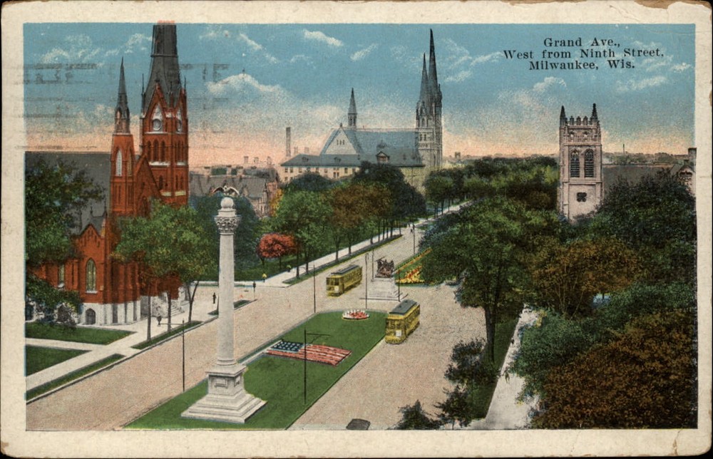 Milwaukee Wisconsin Grand Avenue aerial trolleys church mailed 1922 postcard