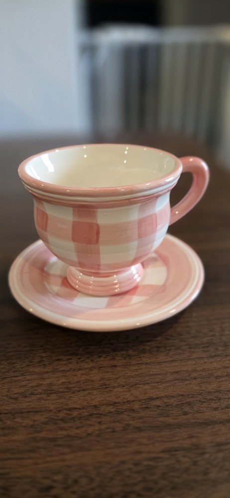 Vintage 1998 Cracker Barrel Pink & White Gingham Ceramic Cup & Saucer Set