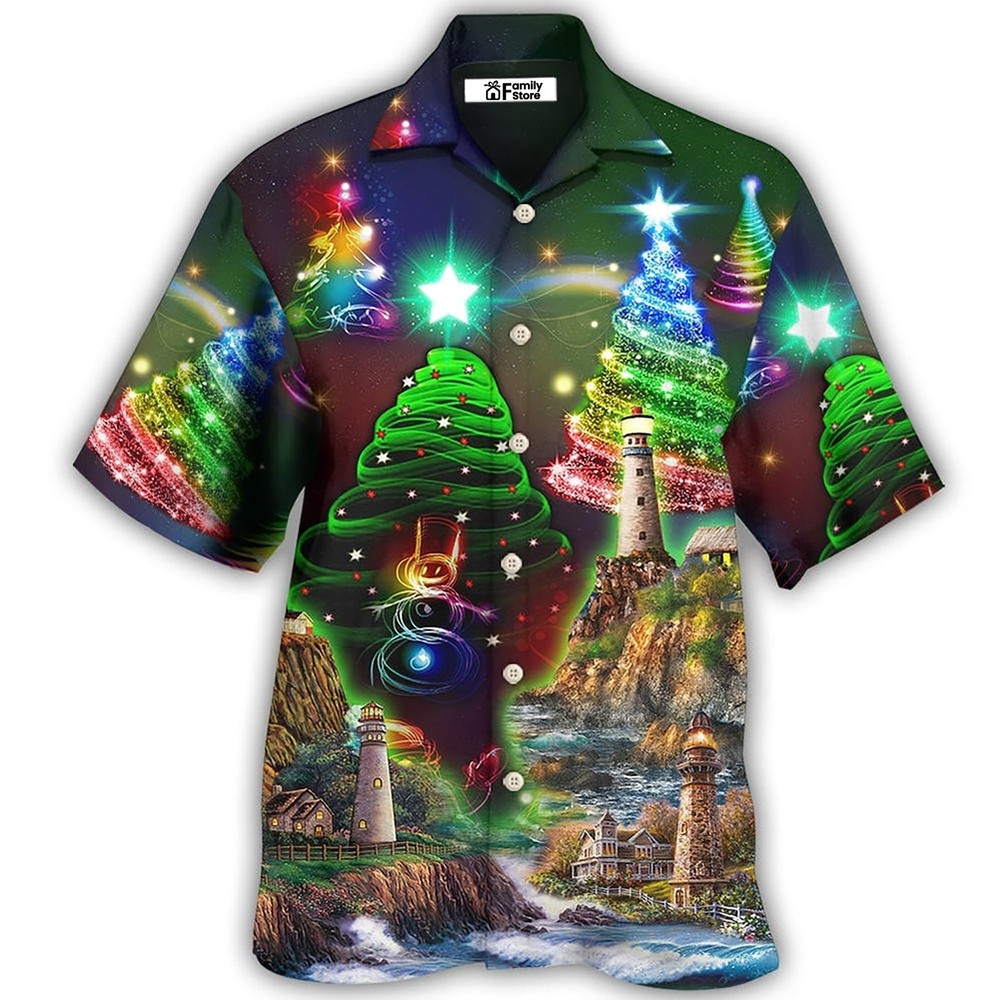 Lighthouse And Merry Christmas Happy   Hawaiian Shirt